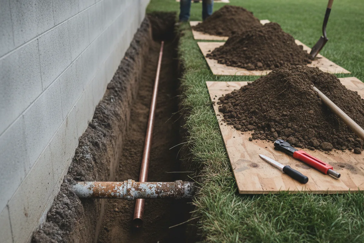 Excavated water line trench during Water Heater Repair in Camby